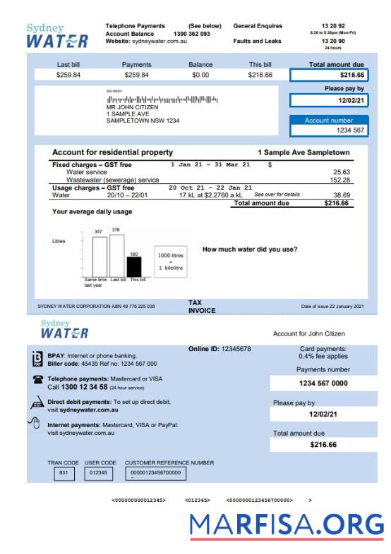 Blank Australia Sydney water utility bill template